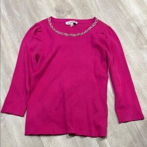 Pink Blouse with Embellished Neckline and 3/4 Sleeves